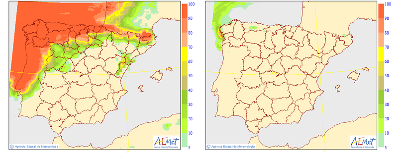 Mapas con la probabilidad de lluvia de la Agencia Estatal de Meteorología. A la izquierda, la probabilidad de que llueva más de 0,5mm. A la derecha, la probabilidad de que llueva más de 10mm. Foto: AEMET